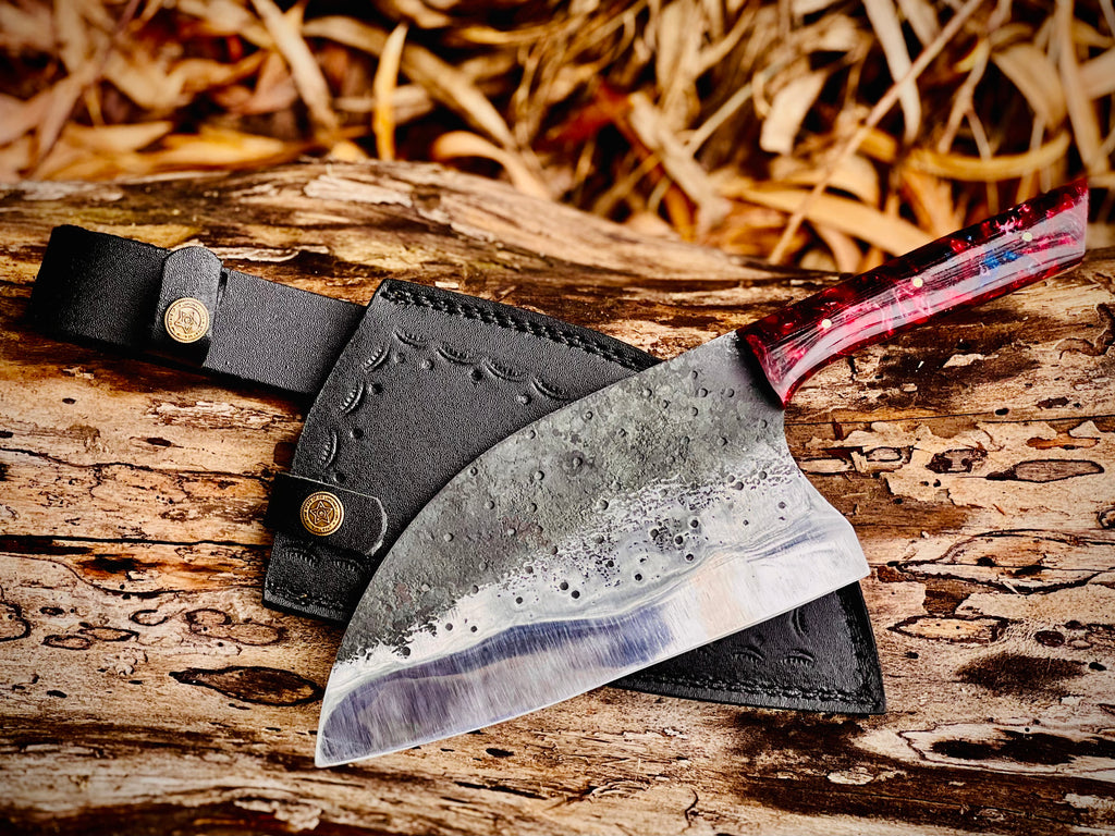Hand-forged chef's cleaver with galaxy resin handle and hamon line