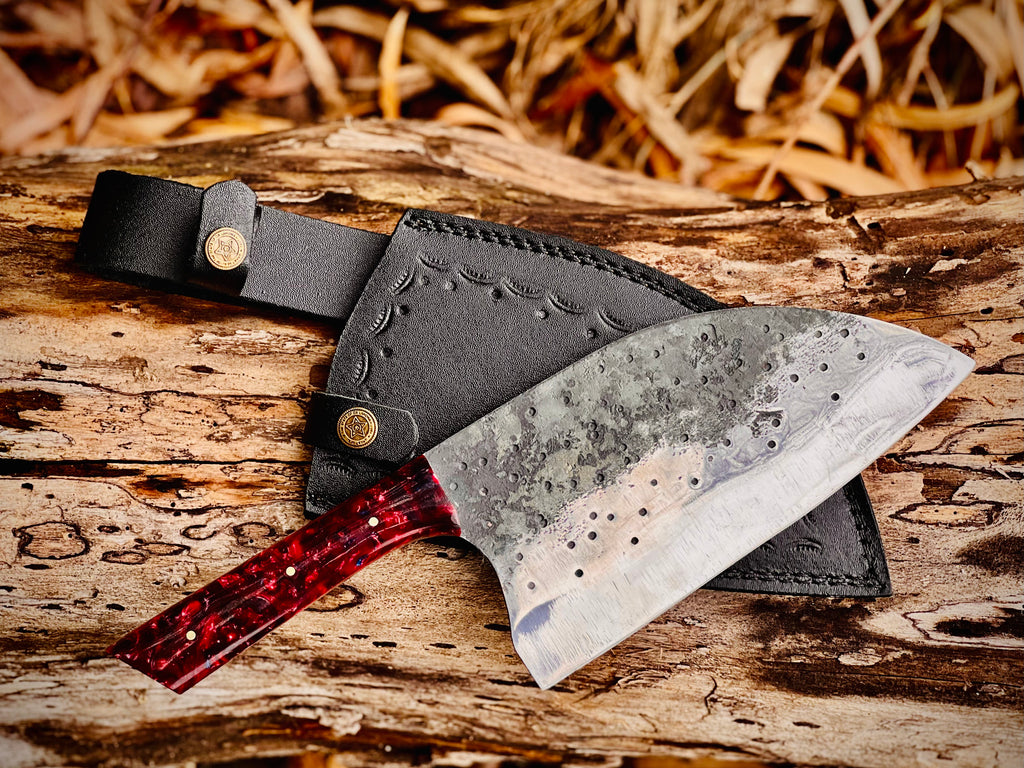 Hand-forged chef's cleaver with galaxy resin handle and hamon line