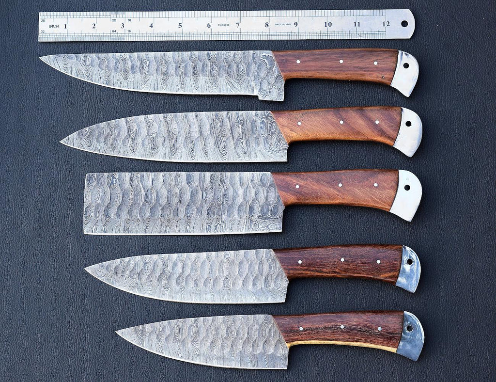 Hammered Rosewood Damascus chef knife set with steel-capped handles