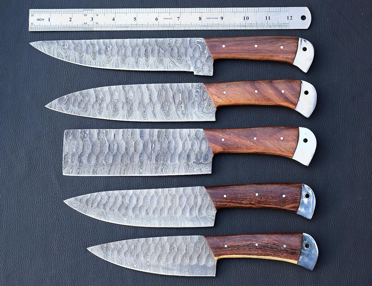 Hammered Rosewood Damascus chef knife set with steel-capped handles