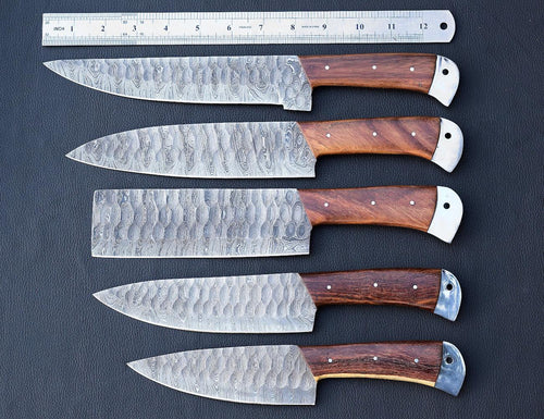 Hammered Rosewood Damascus chef knife set with steel-capped handles