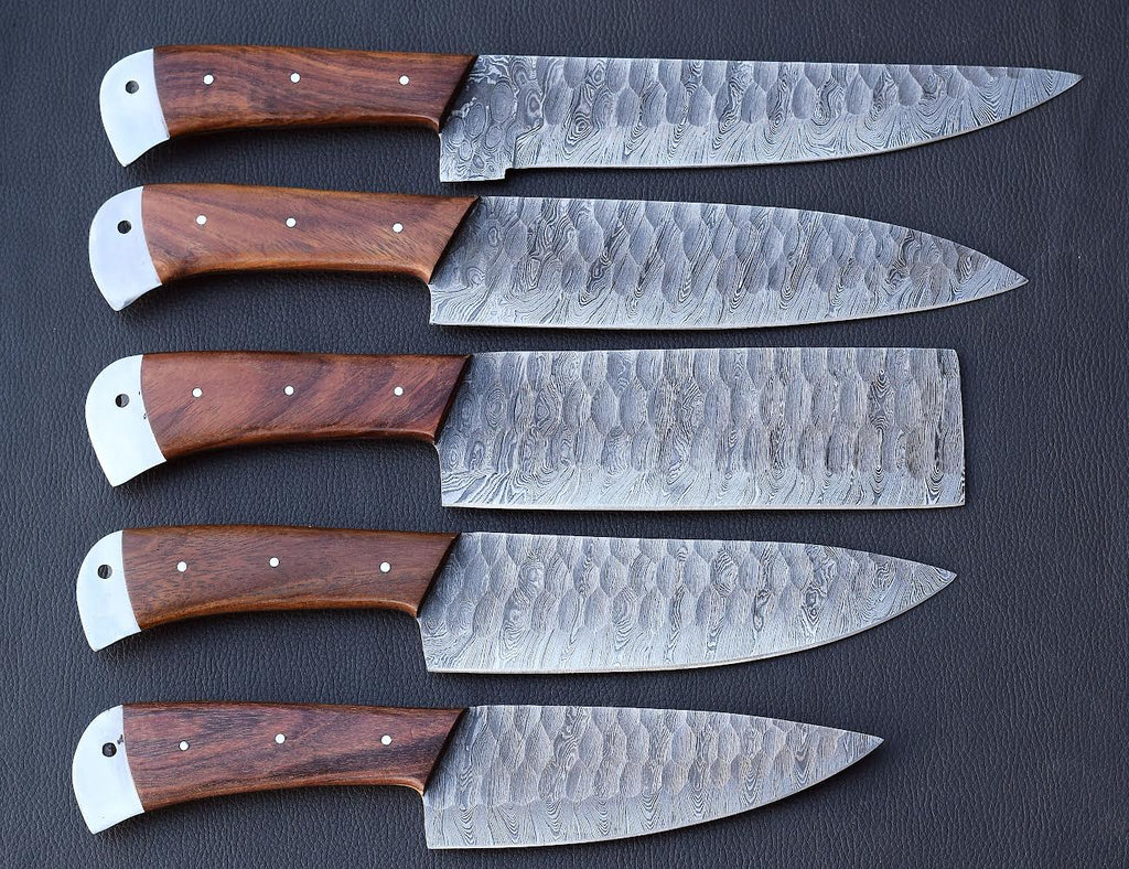 Hammered Rosewood Damascus chef knife set with steel-capped handles