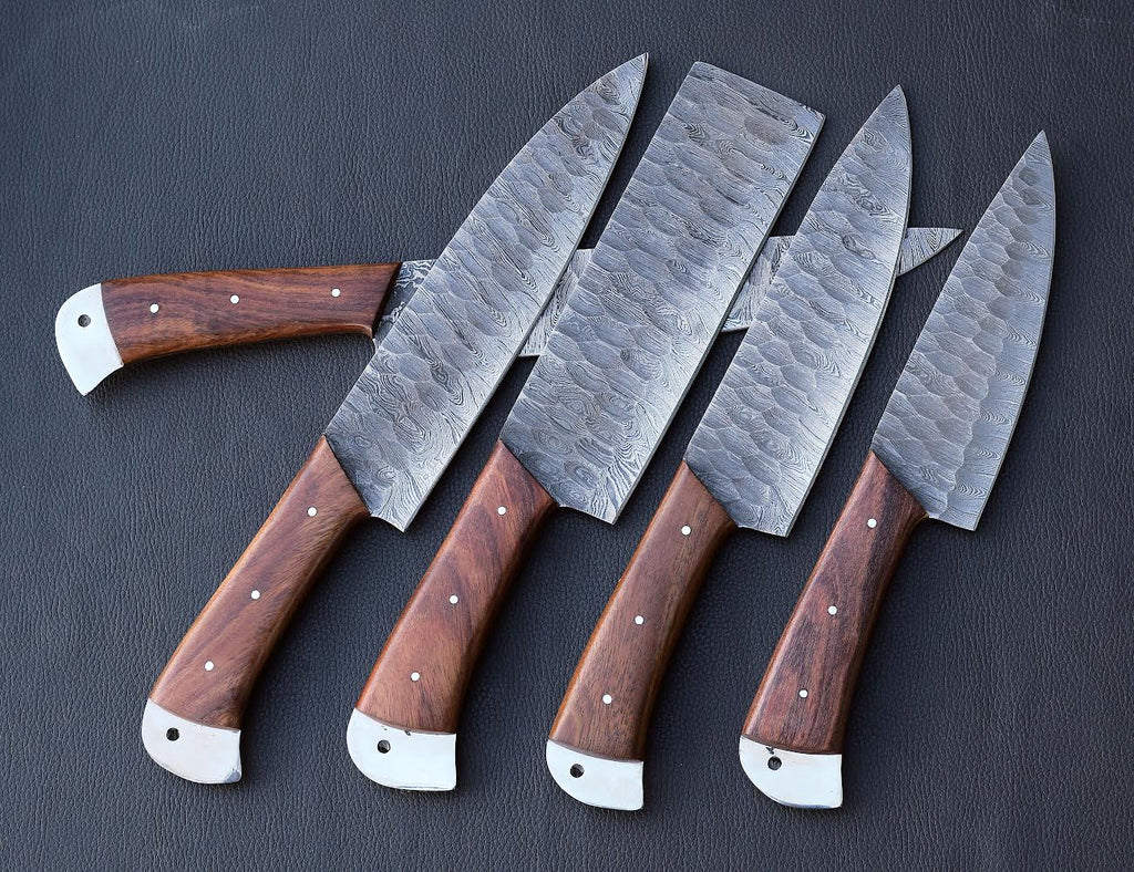 Hammered Rosewood Damascus chef knife set with steel-capped handles