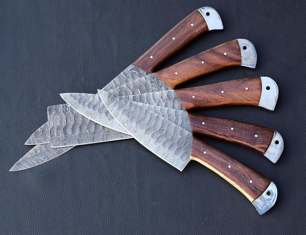 Hammered Rosewood Damascus chef knife set with steel-capped handles