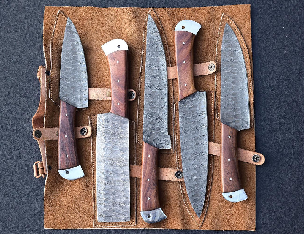 Hammered Rosewood Damascus chef knife set with steel-capped handles