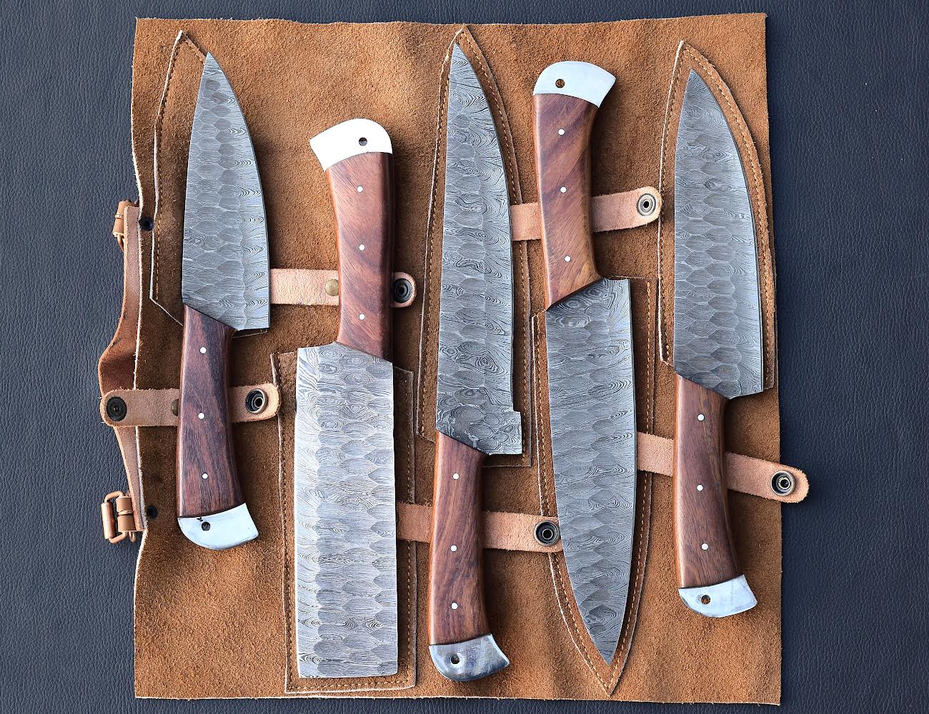 Hammered Rosewood Damascus chef knife set with steel-capped handles