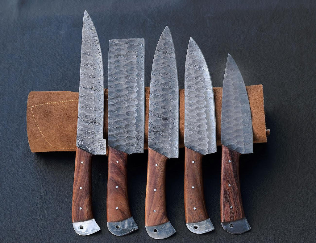 Hammered Rosewood Damascus chef knife set with steel-capped handles