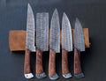 Hammered Rosewood Damascus chef knife set with steel-capped handles