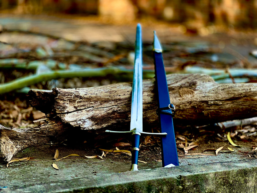 Greycloak fantasy display longsword with navy leather grip and sheath