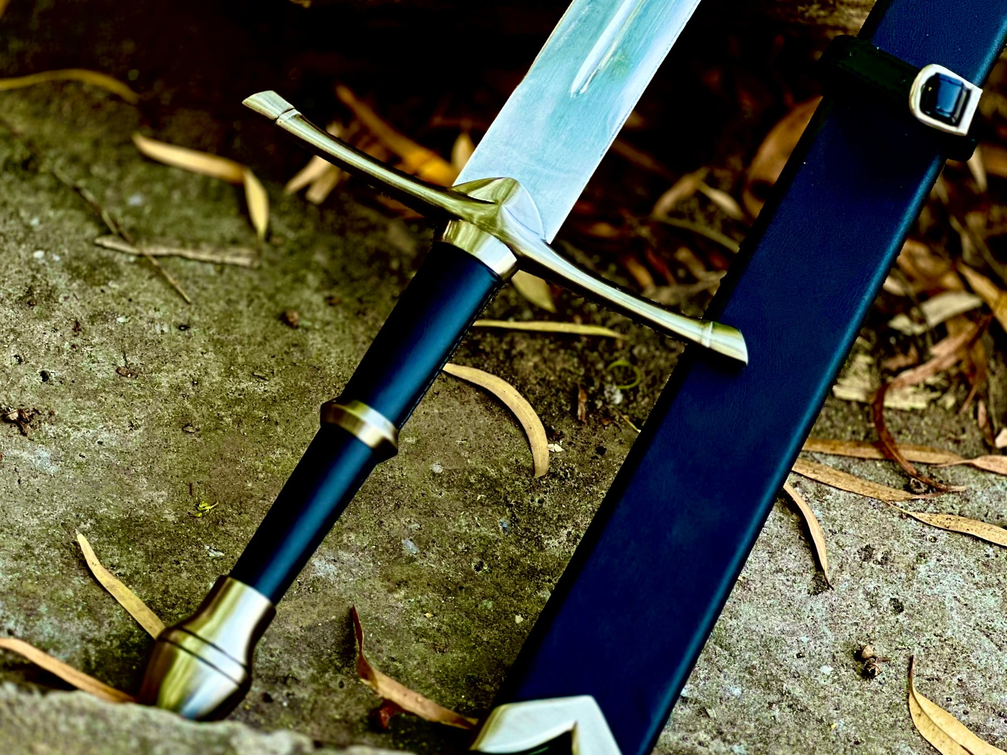 Greycloak fantasy display longsword with navy leather grip and sheath