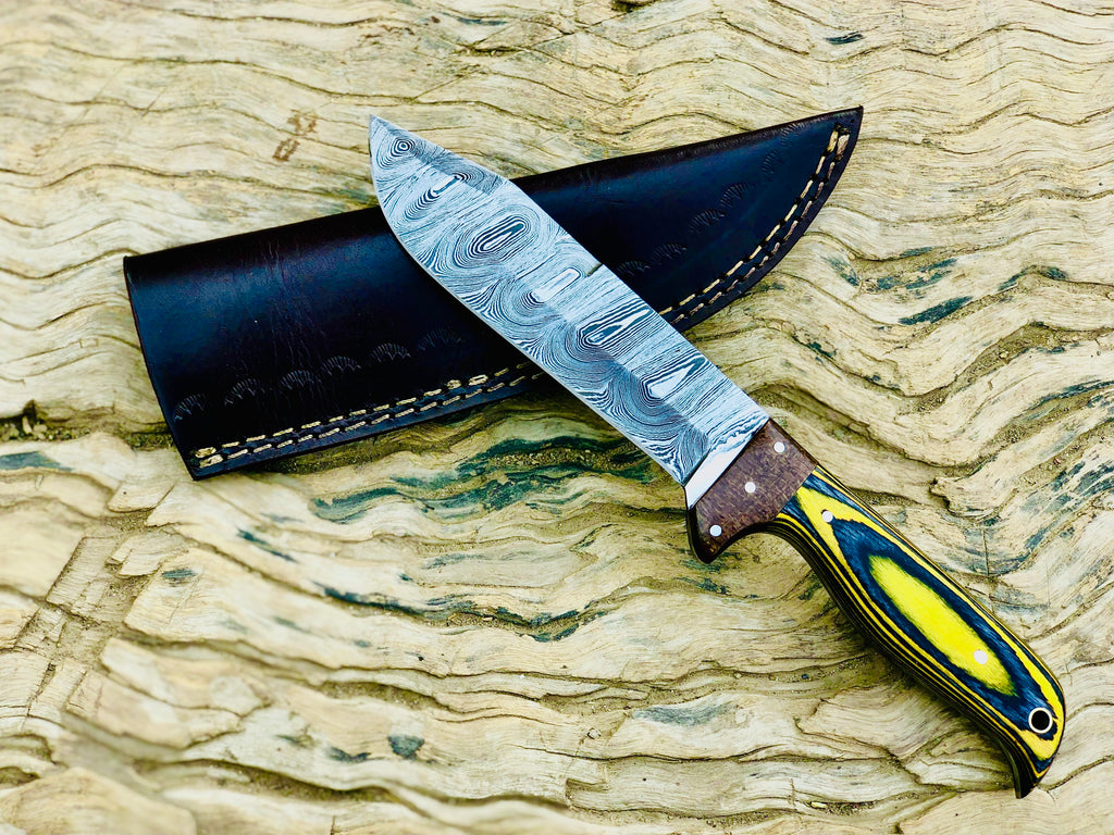 Timberline Damascus fixed-blade hunting knife with striped wood handle