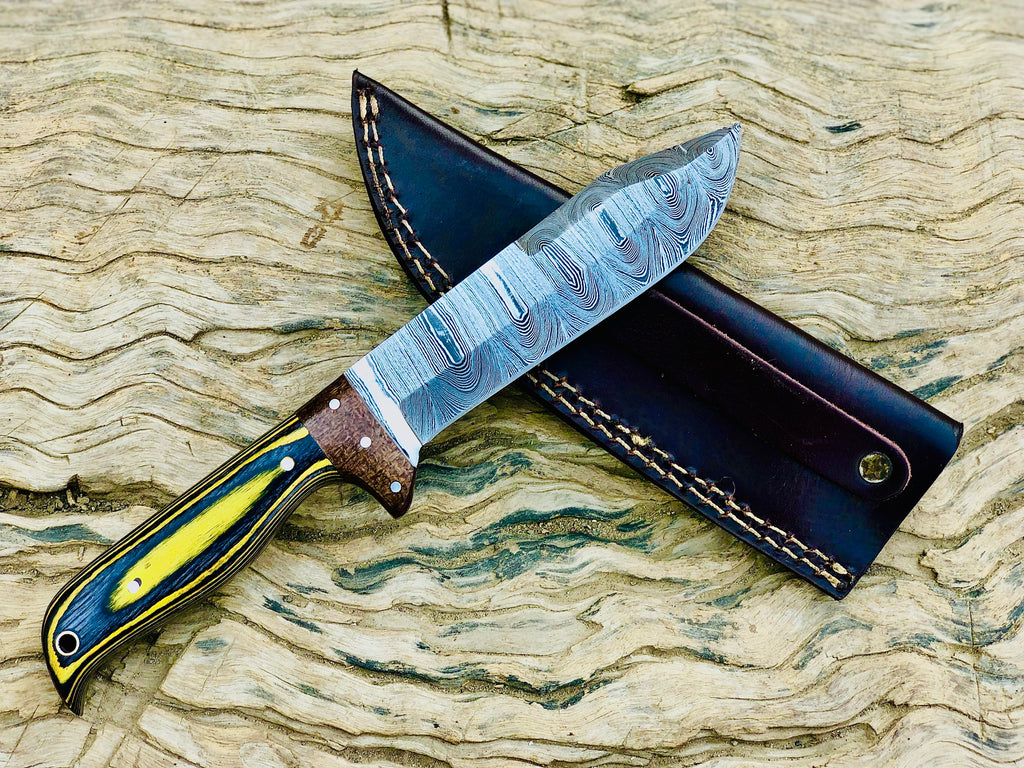 Timberline Damascus fixed-blade hunting knife with striped wood handle