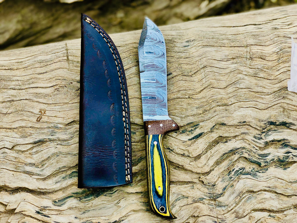 Timberline Damascus fixed-blade hunting knife with striped wood handle
