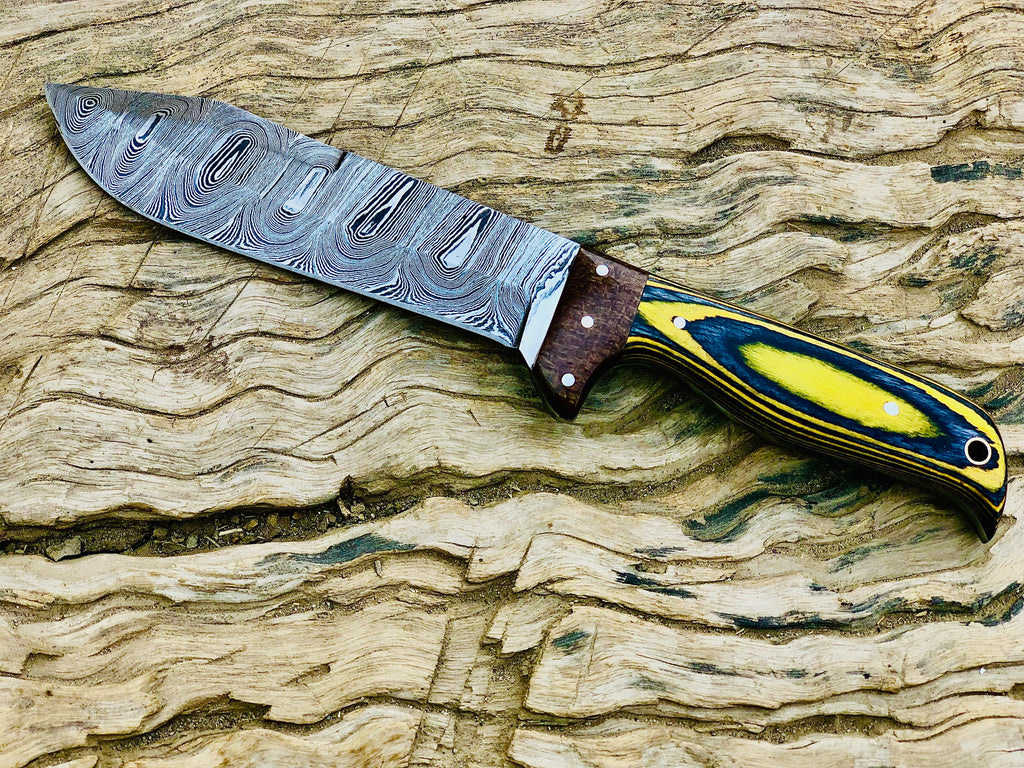 Timberline Damascus fixed-blade hunting knife with striped wood handle