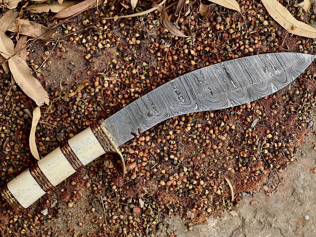 Hand-forged Damascus kukri knife with recurved blade