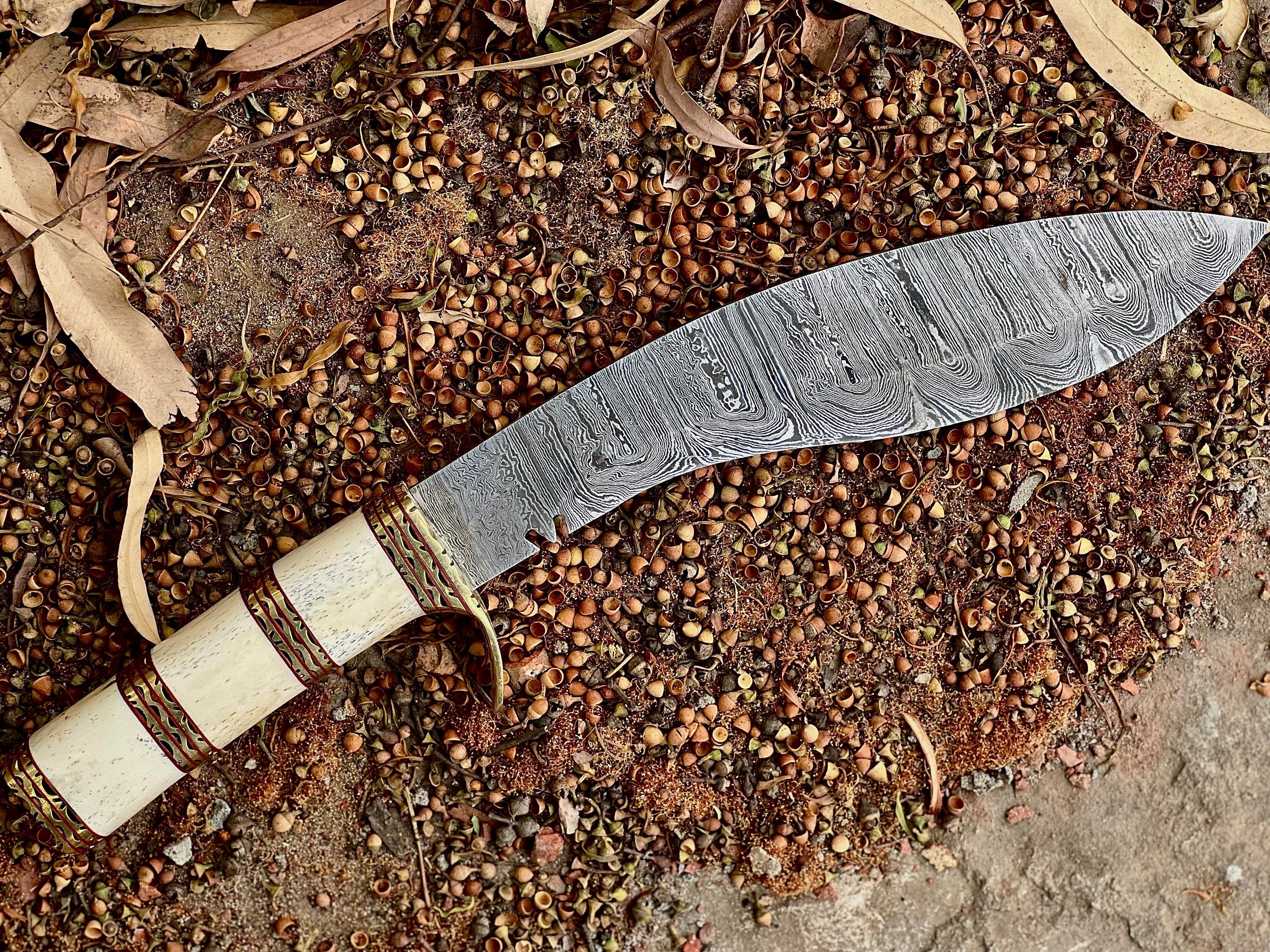 Hand-forged Damascus kukri knife with recurved blade