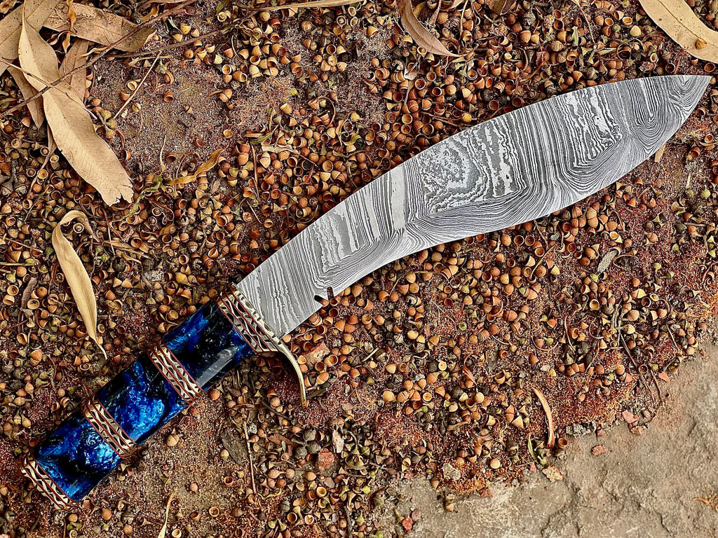 Hand-forged Damascus kukri knife with recurved blade