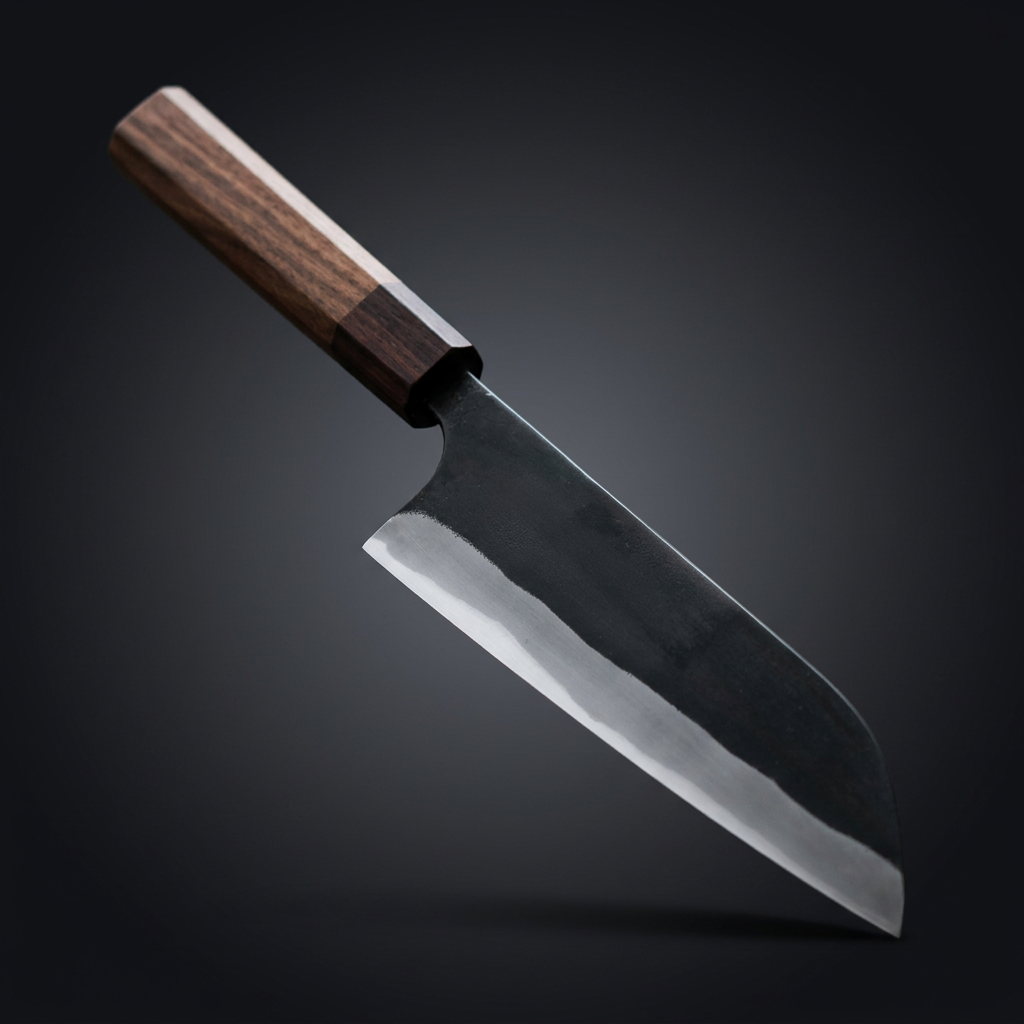 Hand-forged Santoku knife, walnut and rosewood handle, view 2