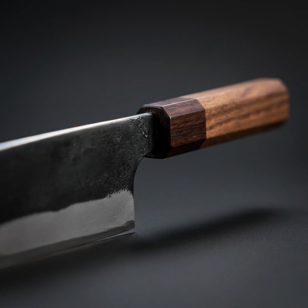 Hand-forged Santoku knife, walnut and rosewood handle, view 3