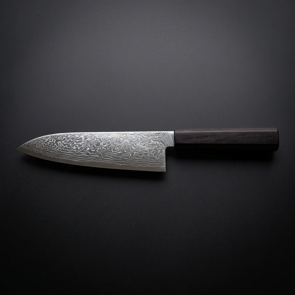 Hand-forged Santoku knife, rosewood handle, view 2
