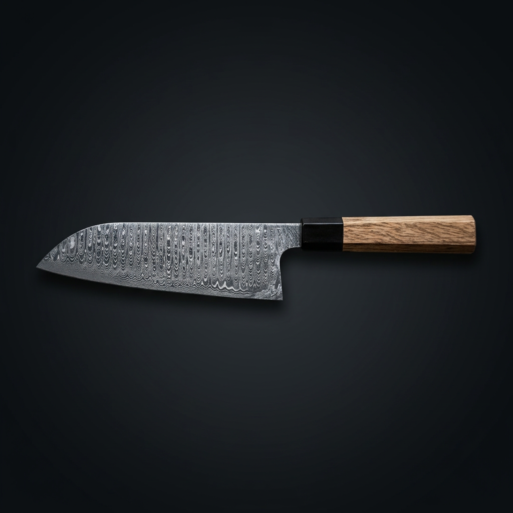 Hand-forged Santoku kitchen knife with oak and horn handle