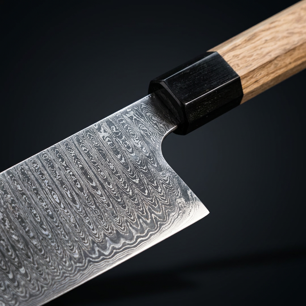 Hand-forged Santoku knife, oak and horn handle, view 2