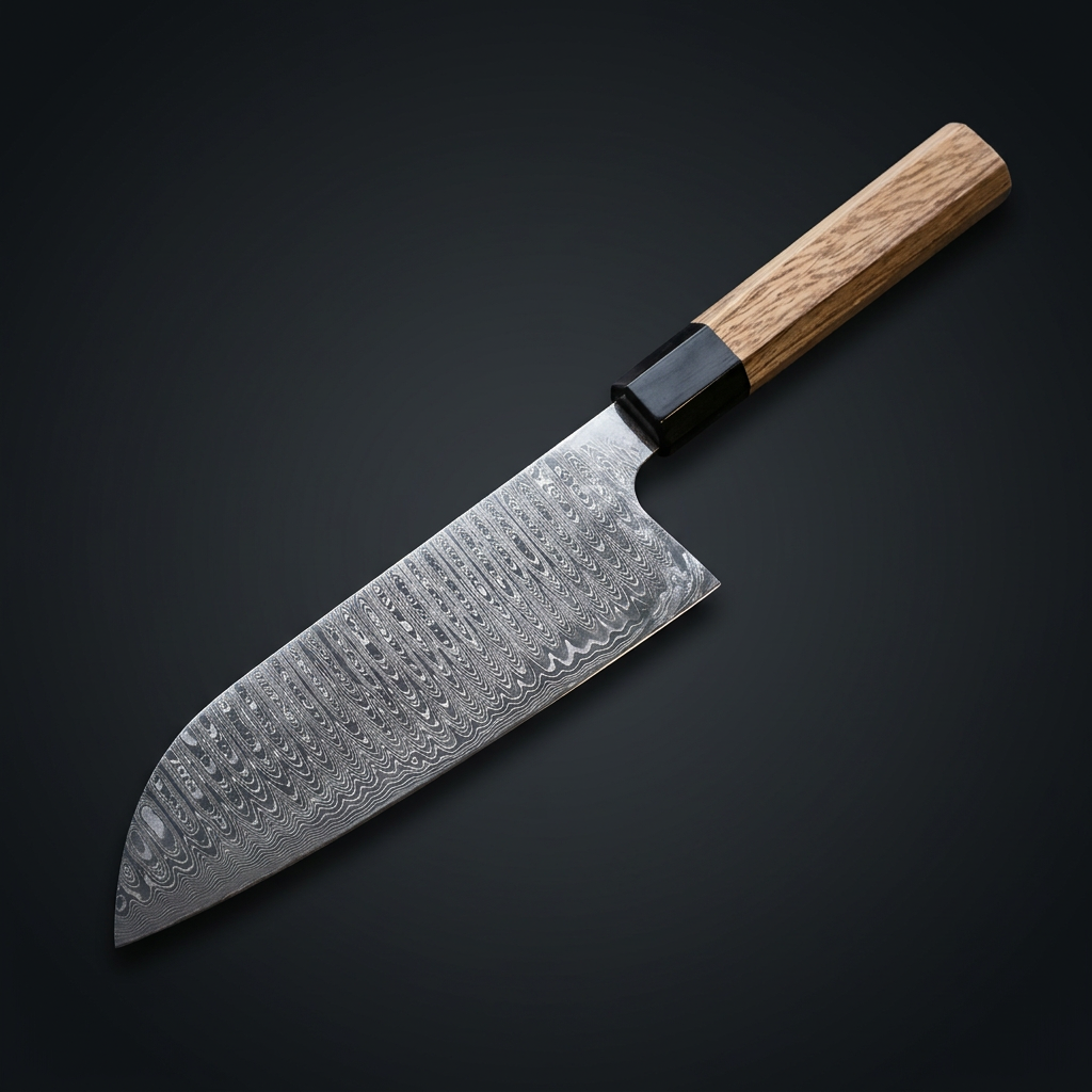Hand-forged Santoku knife, oak and horn handle, view 3