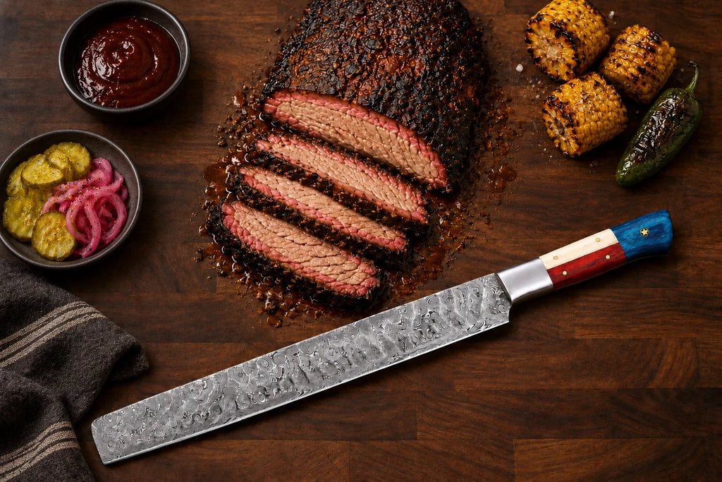 Texas flag Damascus brisket slicer next to sliced smoked brisket, BBQ sauce, pickles and grilled corn