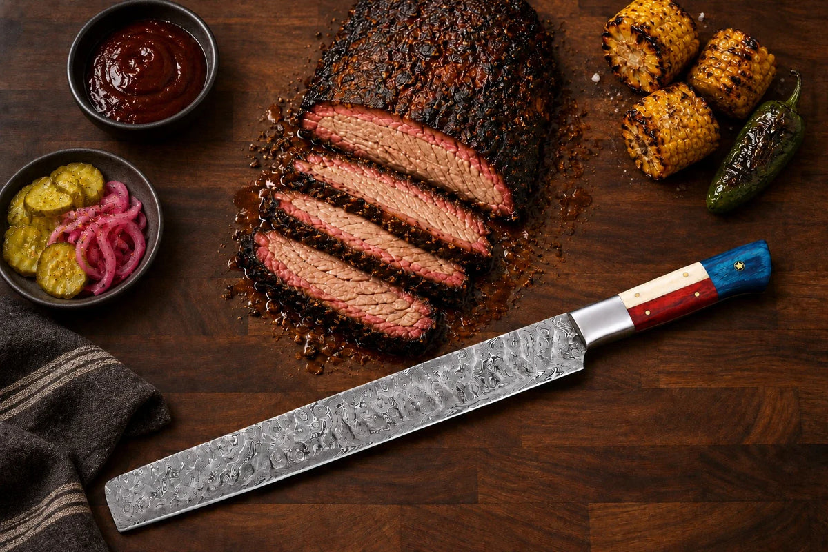 Texas flag Damascus brisket slicer next to sliced smoked brisket, BBQ sauce, pickles and grilled corn