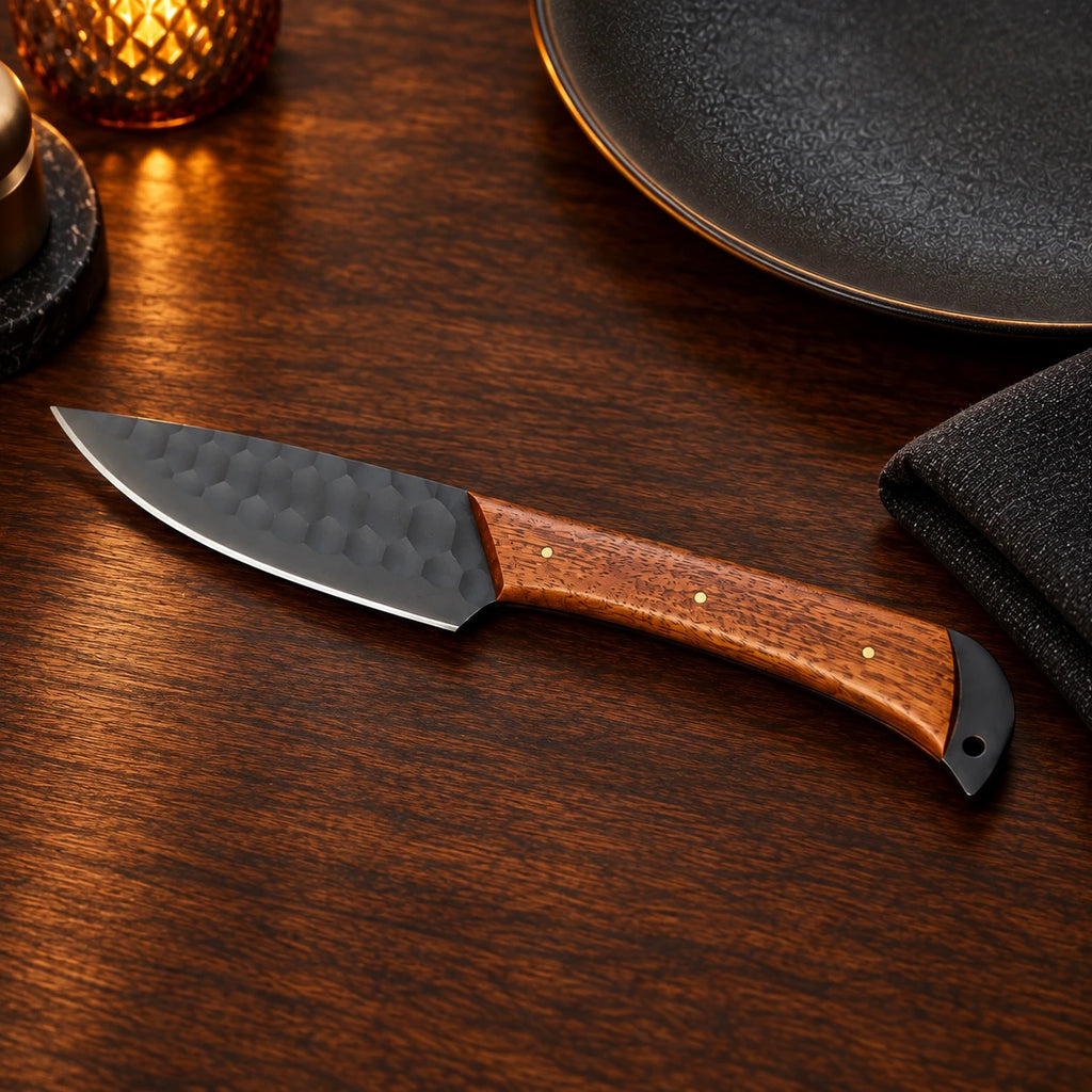 Single black hammered steak knife with straight edge and rosewood handle