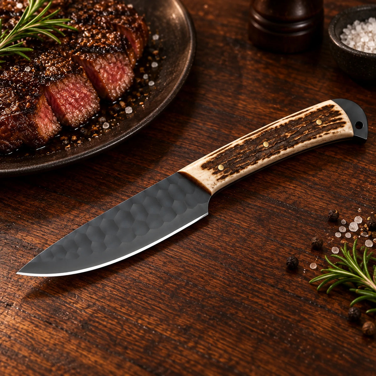 Single black hammered steak knife with stag handle next to a plate of steak