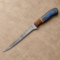 Flexible Damascus fillet knife with blue wood and rosewood handle and brass spacer