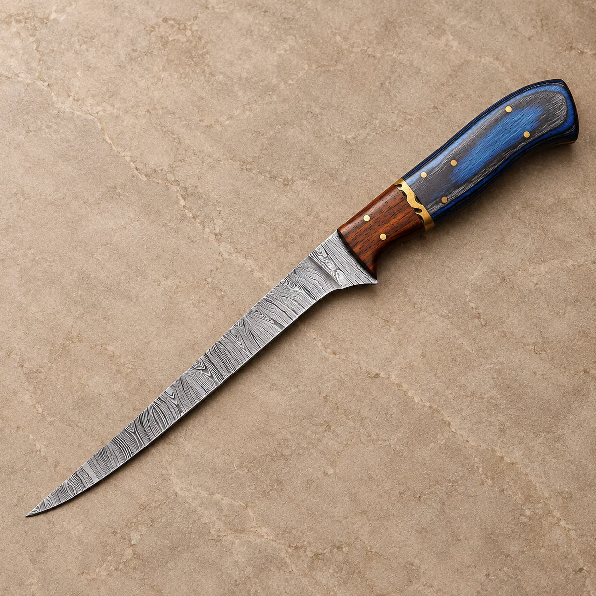 Flexible Damascus fillet knife with blue wood and rosewood handle and brass spacer