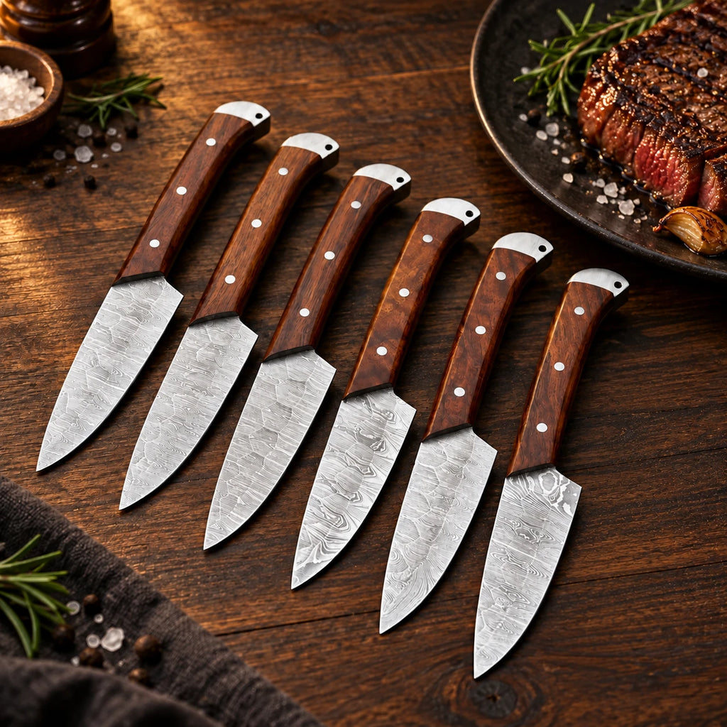 Six Damascus steak knives fanned out next to sliced ribeye, salt and rosemary