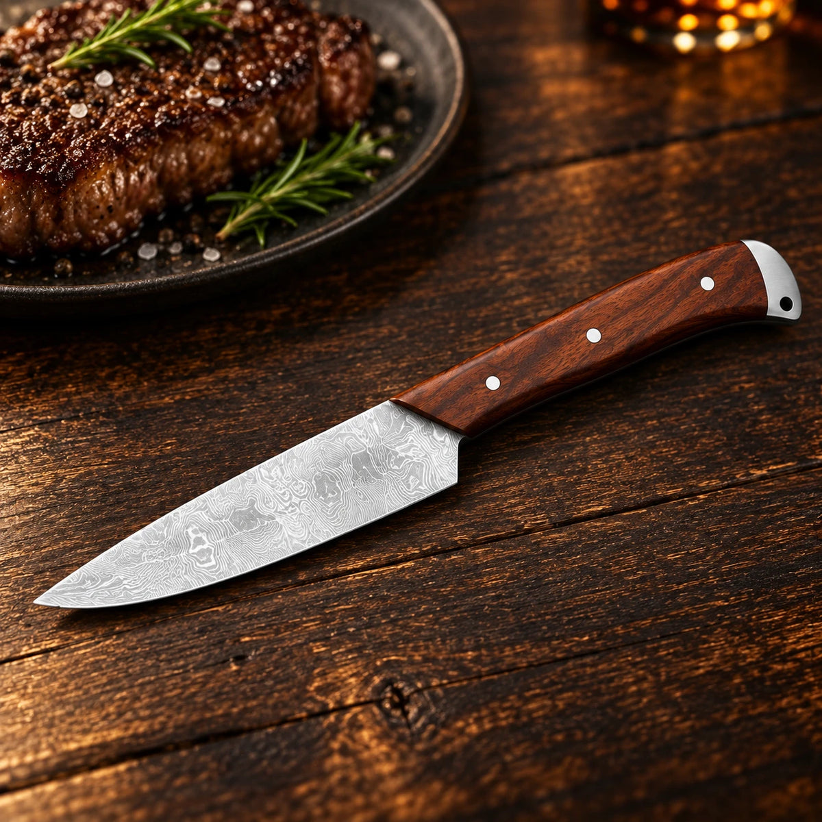 Single Damascus steak knife with rosewood handle and steel butt on a wooden table