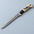 Fish-engraved Damascus fillet knife with camel bone and black horn handle