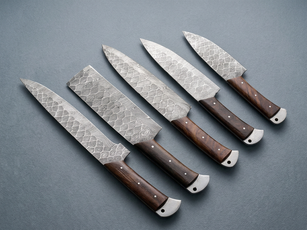 Scaleforge 5-piece Damascus chef knife set, detail view