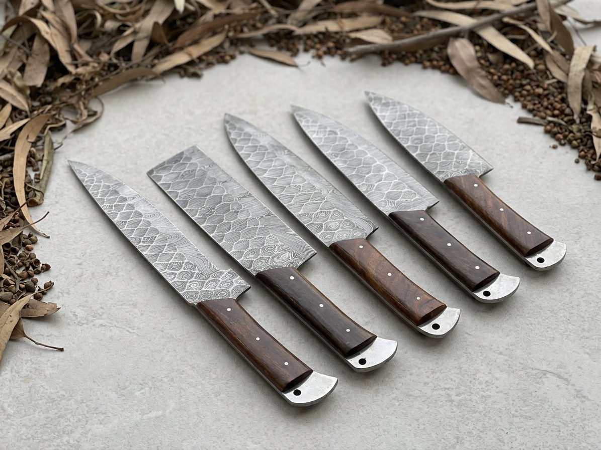 Five kitchen knives with patterned steel blades and dark brown wooden handles arranged diagonally on a light gray surface with dried leaves and peppercorns around them.