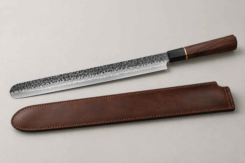 Hammered brisket slicer knife with rosewood handle beside its brown leather sheath