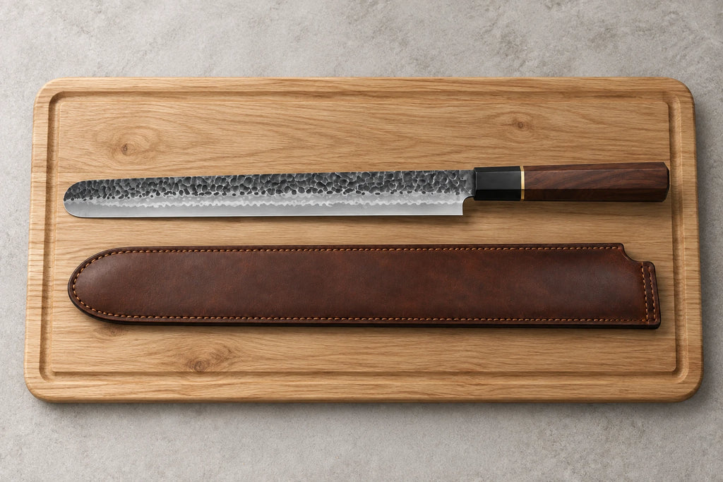 12-inch hammered brisket slicer and leather sheath on an oak cutting board