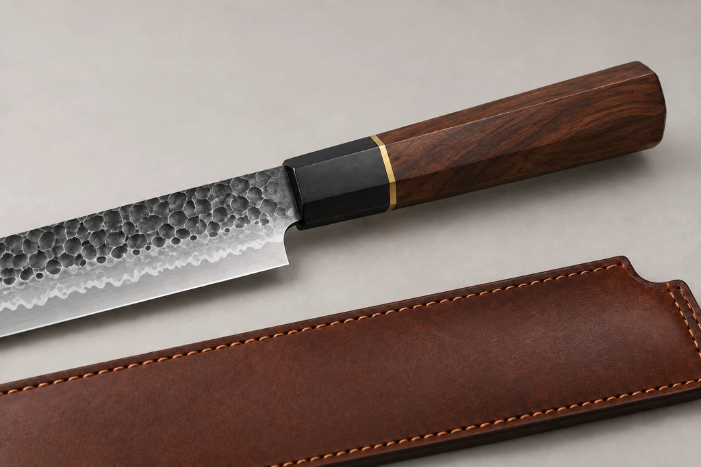 Close-up of hammered high-carbon blade, black ferrule, brass spacer and octagonal rosewood handle