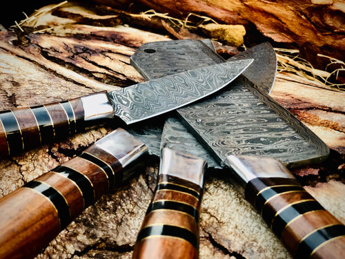 Copperline 4-piece Damascus chef knife set with banded rosewood handles