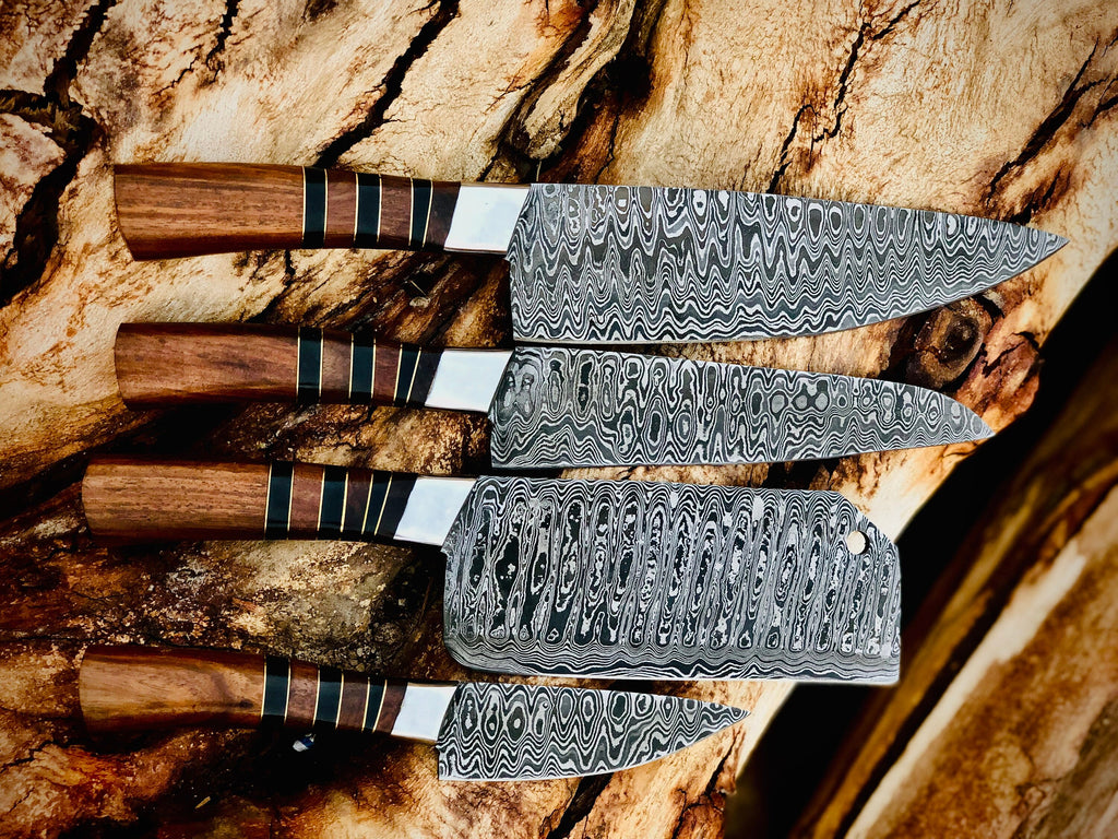 Copperline 4-piece Damascus chef knife set with banded rosewood handles