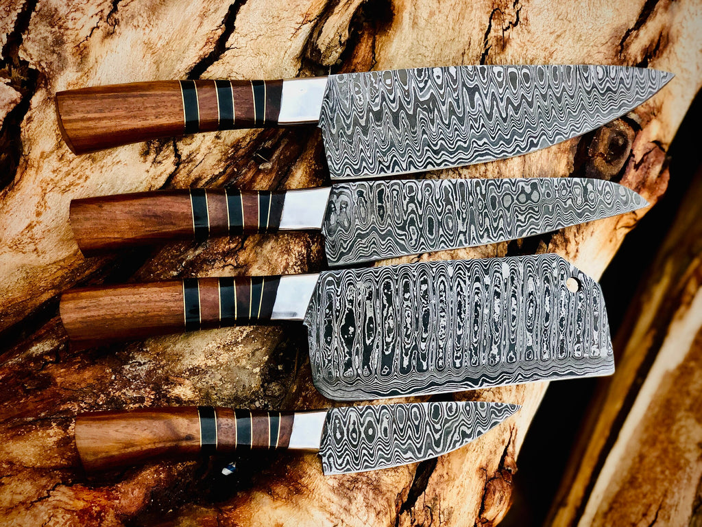 Copperline 4-piece Damascus chef knife set with banded rosewood handles