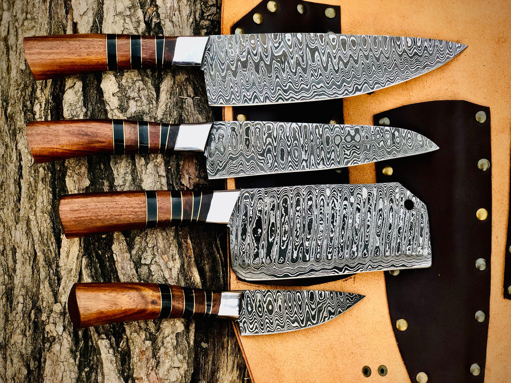 Copperline 4-piece Damascus chef knife set with banded rosewood handles