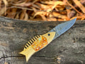 Kingfisher Damascus folding knife with engraved fish-shaped brass bolster