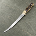 Flexible stainless fillet knife with curved mirror-finish blade and stag handle