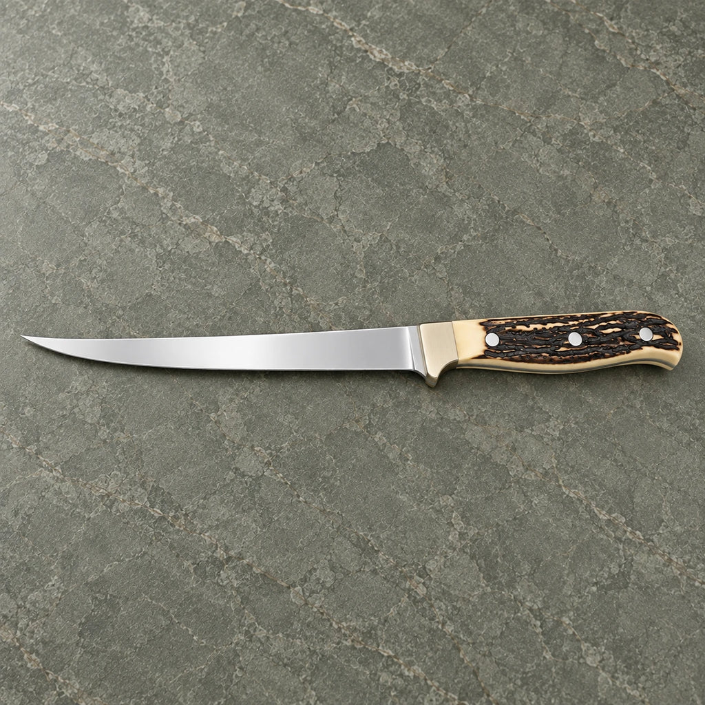 7-inch stag-handle fillet knife shown side on