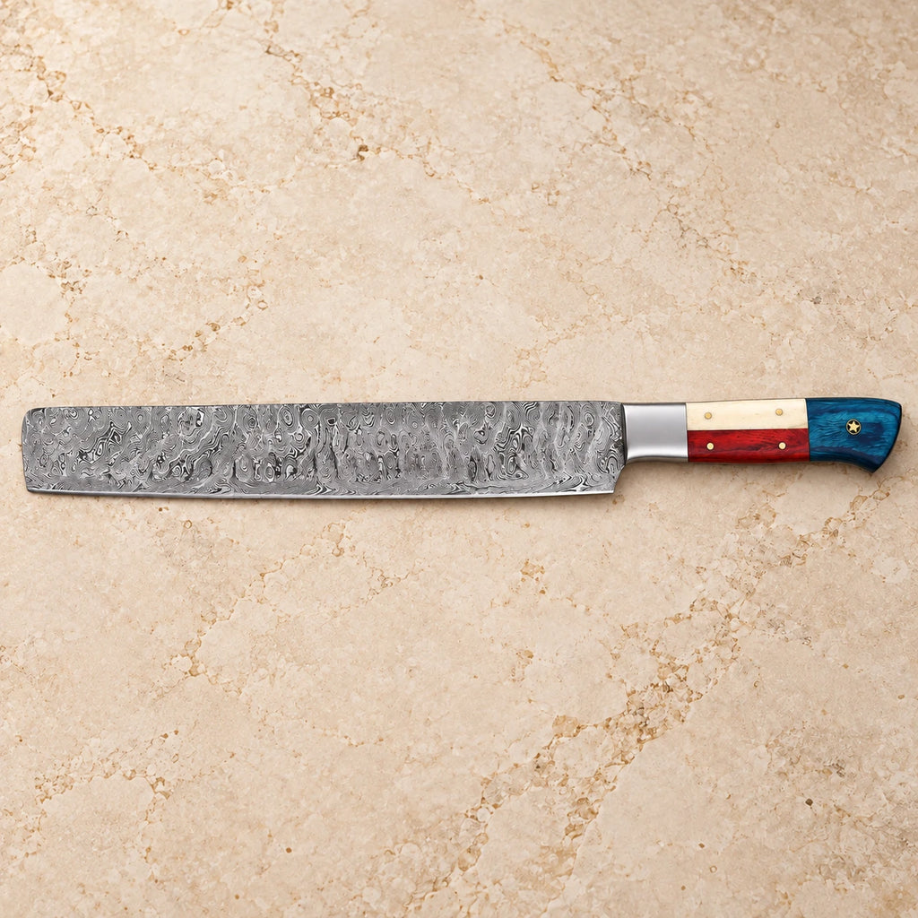 12-inch Damascus brisket slicer with twist pattern blade, shown side on
