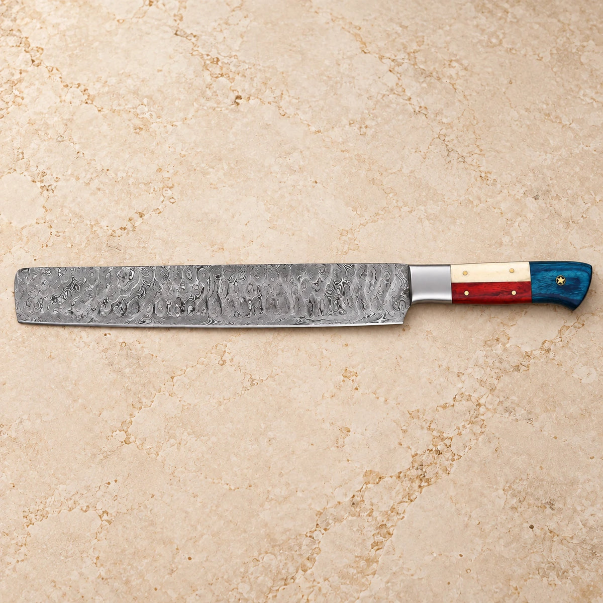 12-inch Damascus brisket slicer with twist pattern blade, shown side on